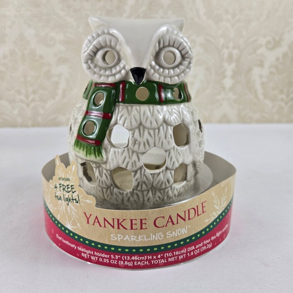 Yankee Candle Ceramic Owl Tea Light Candle Holder White Green Red Striped Scarf